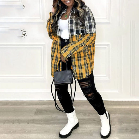 Camicia a Maniche Lunghe Da Donna in Taglie Forti a Quadri Con Bottoni Sul Davanti E Tasca