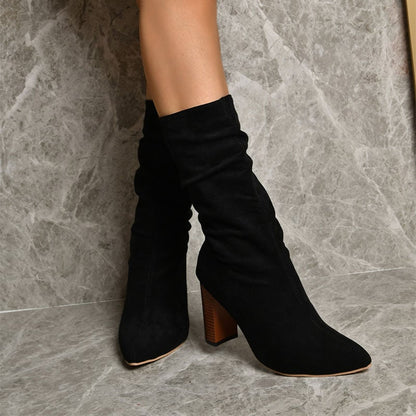 Women's Mid-Calf Winter Boots with Round Toe and High Wide Heel