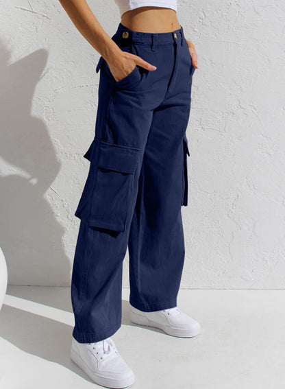 Low Waist Women's Denim Pants with Multiple Pockets and Loose Fit Workwear Style
