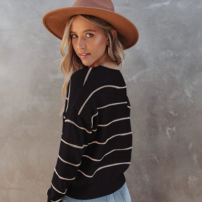 Women's Sweater Striped Knit Pullover with Long Sleeves and Round Neck