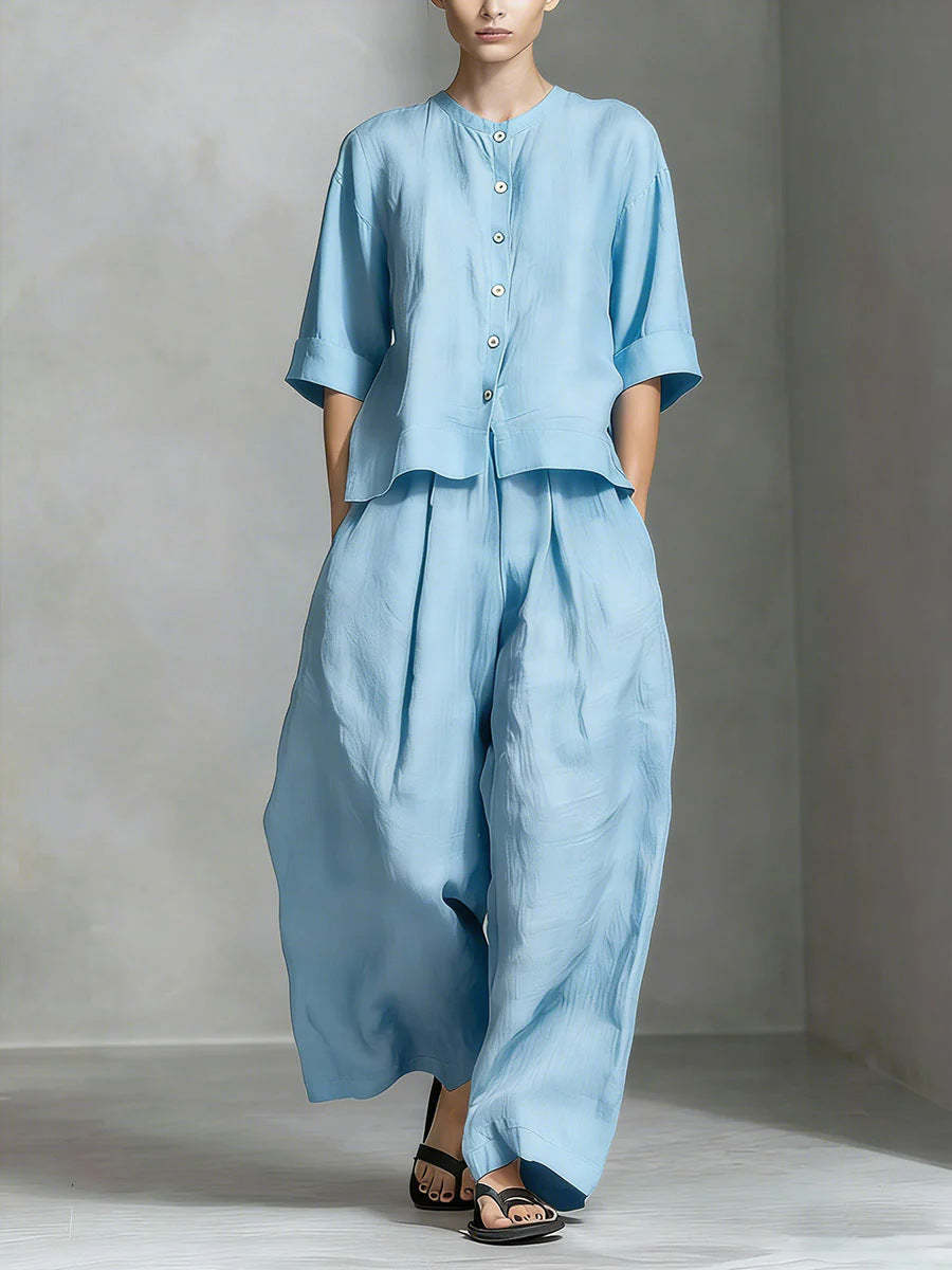 Two-Piece Women's Set in Cotton and Linen Shirt Style and Wide-Fit Long Pants