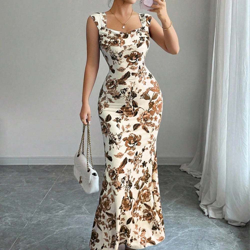 Abito Midi Donna con Scollo Quadrato, Nodo Frontale e Vita Alta – Abito Floreale Elegante