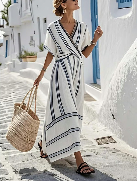 Abito Maxi da Donna Estivo con Stampa a Righe Boho per la Spiaggia, Maniche Corte e Scollo a V