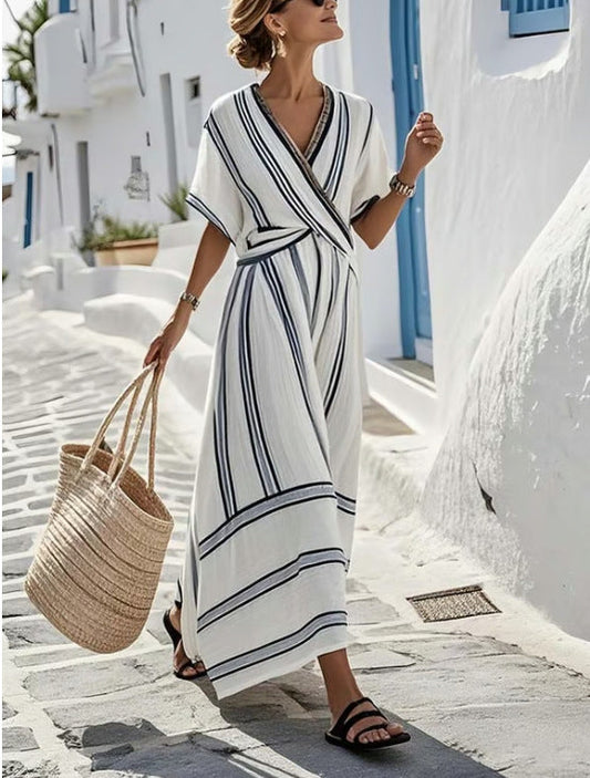 Abito Maxi da Donna Estivo con Stampa a Righe Boho per la Spiaggia, Maniche Corte e Scollo a V