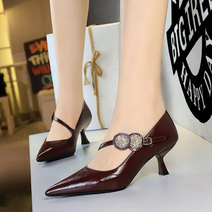 Women's Pointed Toe Pumps with Stiletto Heel, Strap, and Buckle – Elegant Pumps