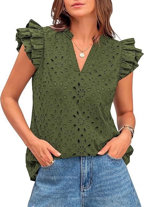 Damebluse med V-hals, Sangallo-broderi og flæseærmer – Elegant til hverdag