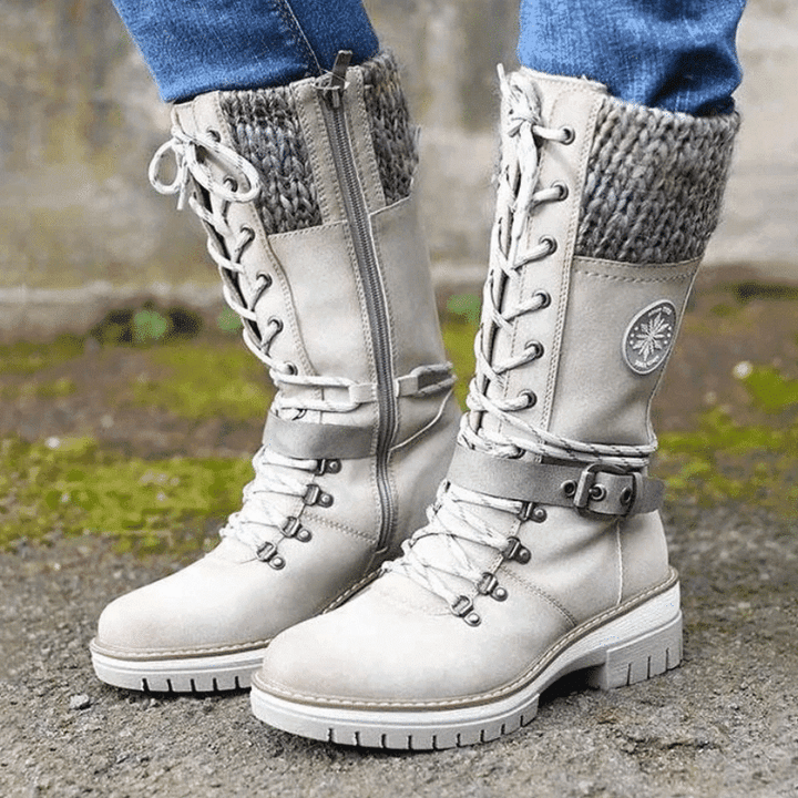 Women's Winter Lace-Up Boots with Rounded Toe, Block Heel, and Buckle.