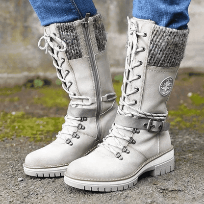 Women's Winter Lace-Up Boots with Rounded Toe, Block Heel, and Buckle.