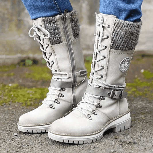 Botas de invierno para mujer con cordones, punta redondeada, tacón cuadrado y hebilla.