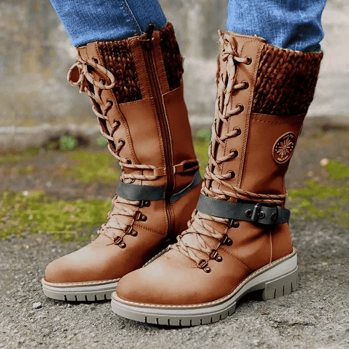 Women's Winter Lace-Up Boots with Rounded Toe, Block Heel, and Buckle.