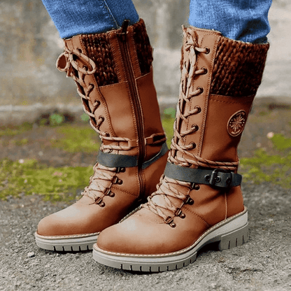 Women's Winter Lace-Up Boots with Rounded Toe, Block Heel, and Buckle.
