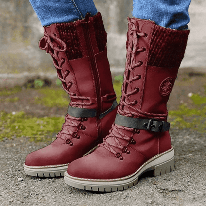 Women's Winter Lace-Up Boots with Rounded Toe, Block Heel, and Buckle.