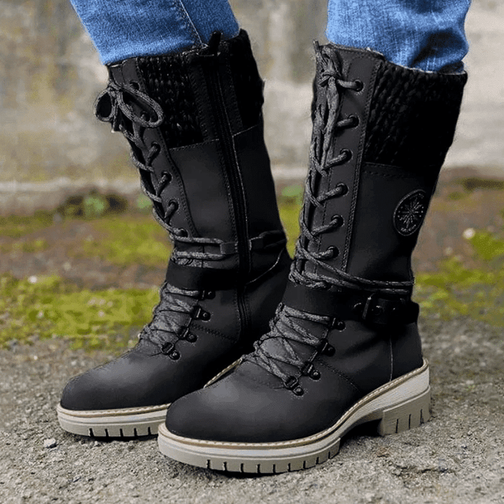 Women's Winter Lace-Up Boots with Rounded Toe, Block Heel, and Buckle.