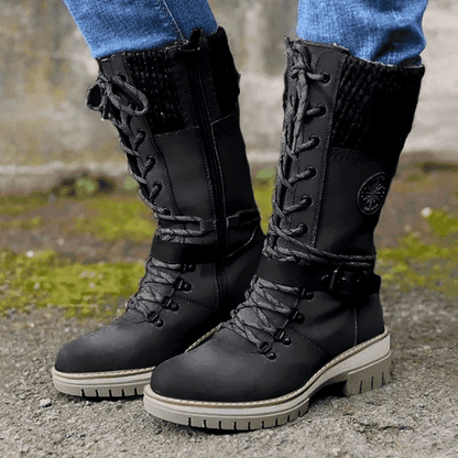 Women's Winter Lace-Up Boots with Rounded Toe, Block Heel, and Buckle.