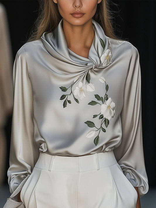 Women's Embroidered Satin Shirt with Tailored Fit and Button Closure