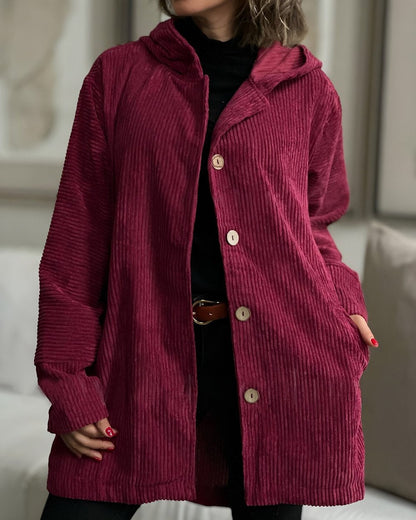 Women's Autumn Corduroy Jacket with Hood and Pockets – Solid Color