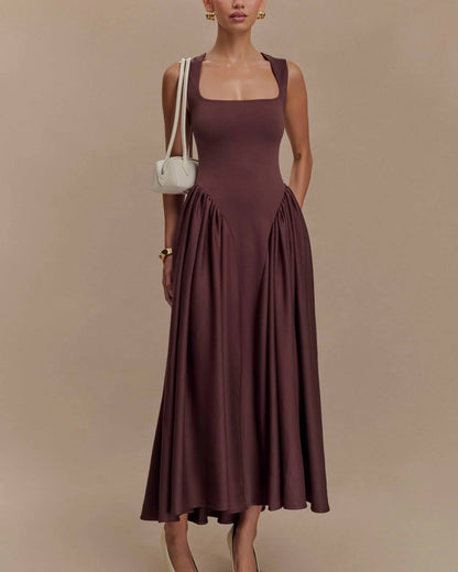 Women's Midi Dress with Square Neckline and Pleated Details – Elegant Classic
