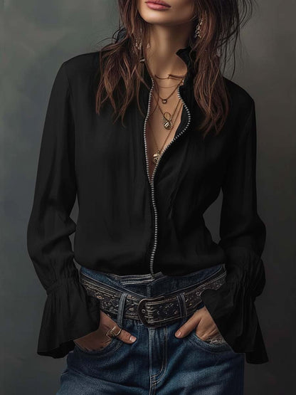Women's Blouse with Zip Closure, Convertible Neckline, and Ruffled Cuffs – Cotton Style