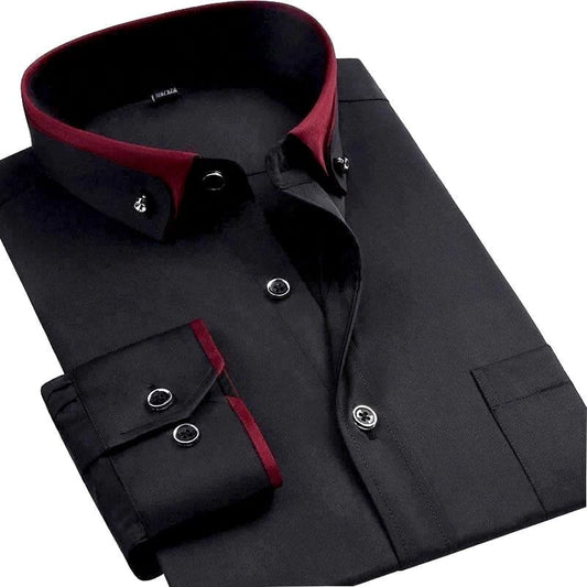Camicia elegante nera da uomo con colletto e polsini rossi, bottoni argentati. Moda maschile, abbigliamento formale, stile moderno.