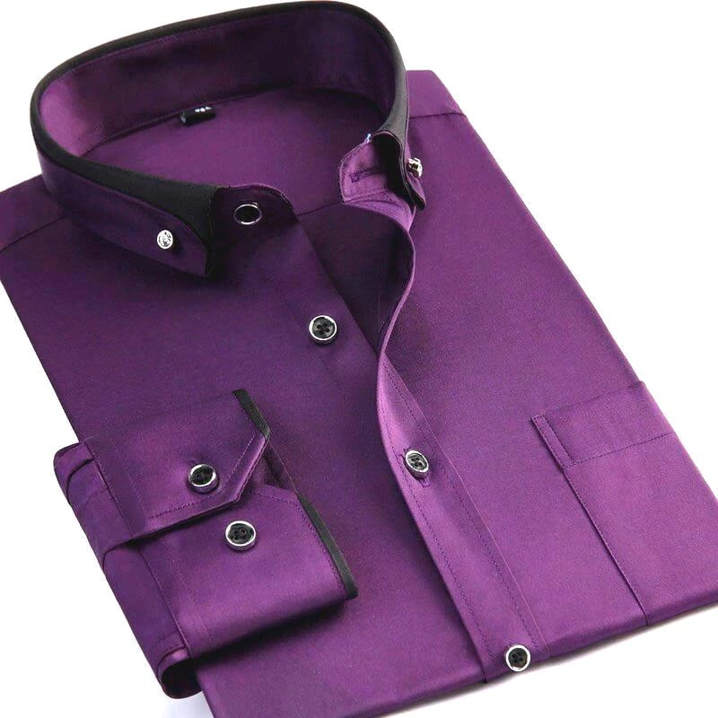 Camicia elegante viola da uomo con colletto e polsini neri, bottoni neri, tessuto di alta qualità. Ideale per abbigliamento formale e occasioni speciali.