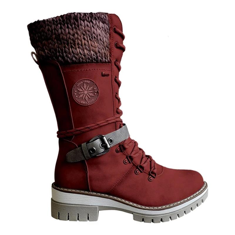 Women's Winter Lace-Up Boots with Rounded Toe, Block Heel, and Buckle.