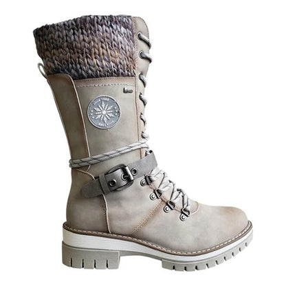 Women's Winter Lace-Up Boots with Rounded Toe, Block Heel, and Buckle.