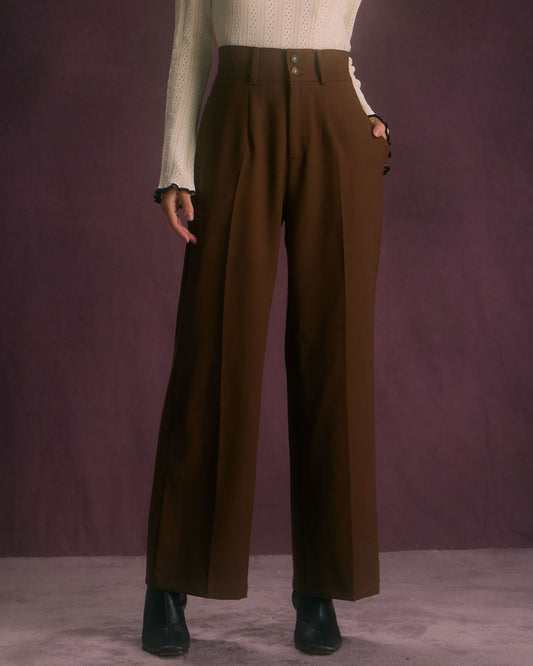 Women's Straight-Leg High-Waist Pants with Slant Pockets and Button Closure
