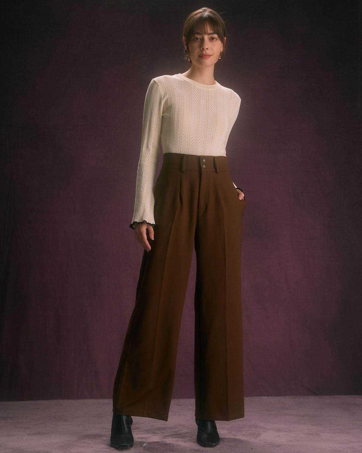 Pantaloni Donna Gamba Dritta Vita Alta con Tasche Oblique e Chiusura a Bottoni