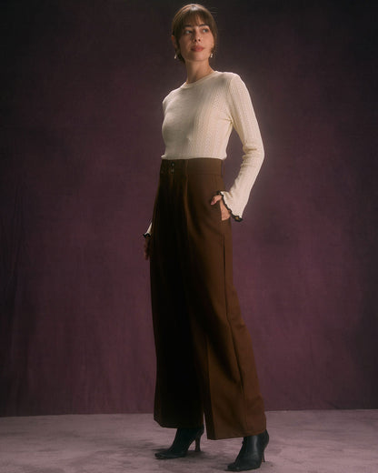 Pantaloni Donna Gamba Dritta Vita Alta con Tasche Oblique e Chiusura a Bottoni