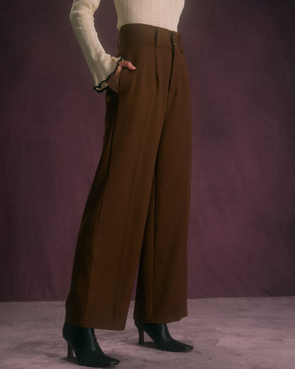 Pantaloni Donna Gamba Dritta Vita Alta con Tasche Oblique e Chiusura a Bottoni