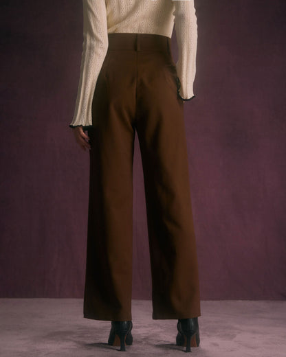 Pantaloni Donna Gamba Dritta Vita Alta con Tasche Oblique e Chiusura a Bottoni