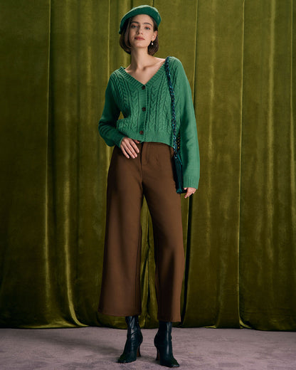 Pantaloni Donna Gamba Dritta Vita Alta con Tasche Oblique e Chiusura a Bottoni