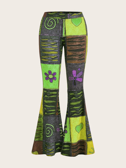 Pantalones de mujer bootcut estampados con motivo abstracto y cintura media