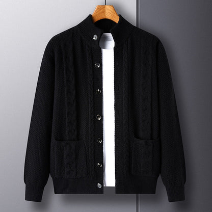 Men's Autumn Jacquard Knit Cardigan, Retro Style, Button Closure, Pockets, and Loose Fit.