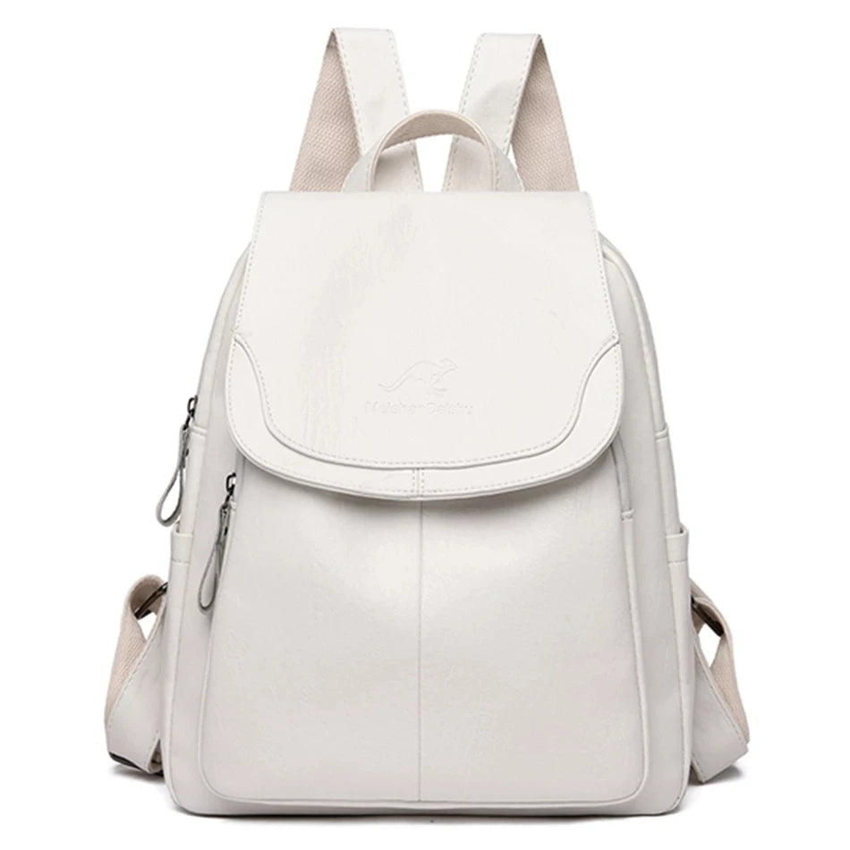 Zaino bianco elegante in pelle sintetica, design minimalista con tasche multiple e chiusura a zip, ideale per scuola o lavoro.