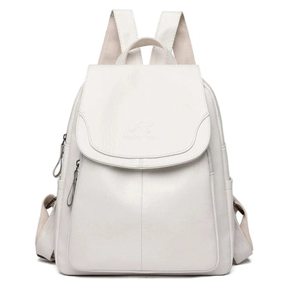 Zaino bianco elegante in pelle sintetica, design minimalista con tasche multiple e chiusura a zip, ideale per scuola o lavoro.