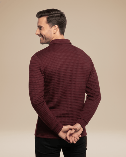 Polo de hombre de punto tipo panal con escote abotonado y mangas largas