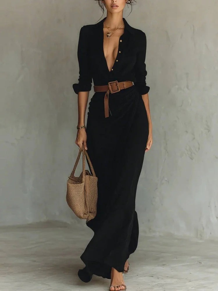 Women's Autumn Dress with Irregular Ruffles, Belt, and Long Sleeves