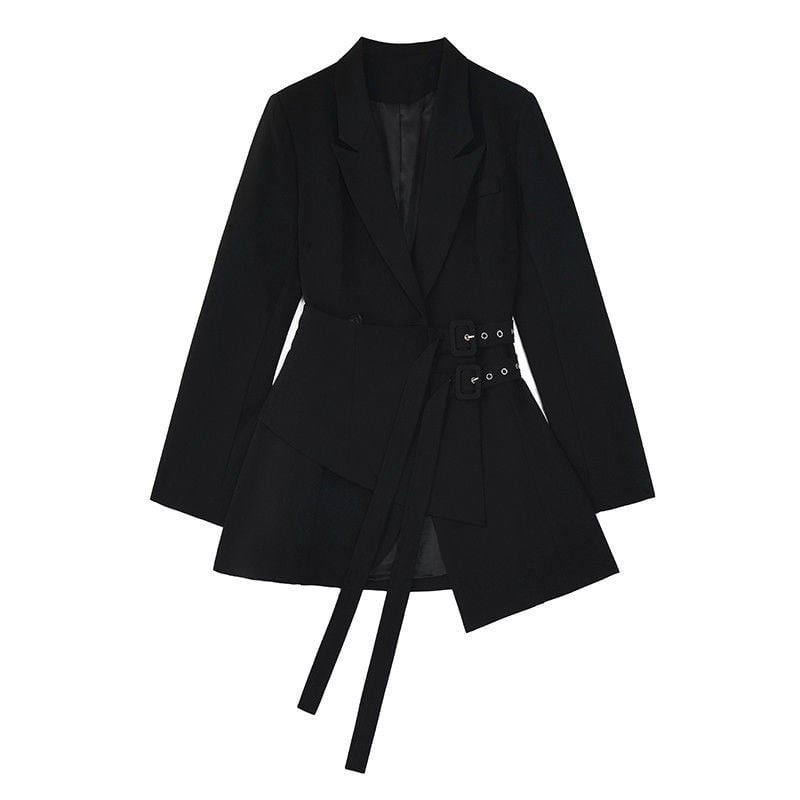 Women's Double-Breasted Blazer with Belt Design and Long Sleeves