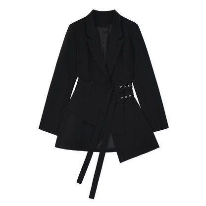 Women's Double-Breasted Blazer with Belt Design and Long Sleeves