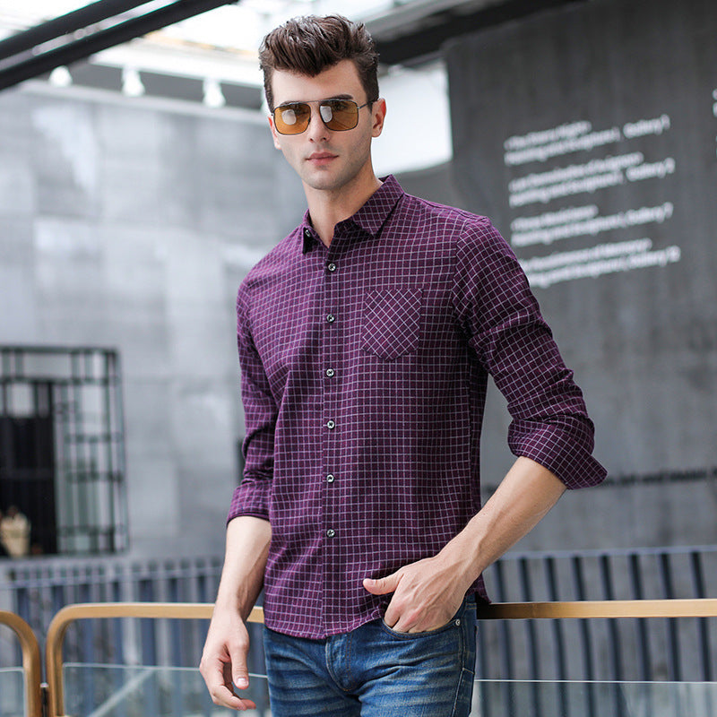 Camicia Uomo a Maniche Lunghe con Colletto a Revers e Motivo a Quadri – Vestibilità Dritta