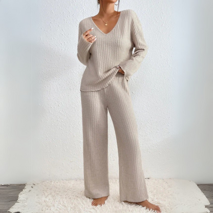 Women's Loungewear Set with V-Neck Sweater and Straight-Leg Pants