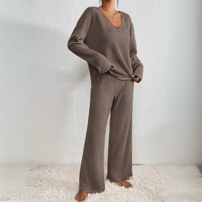 Women's Loungewear Set with V-Neck Sweater and Straight-Leg Pants