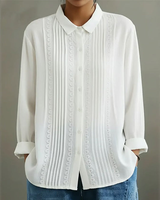 Women's Shirt with Peter Pan Collar, Long Sleeves, Solid Color, and Front ButtonsV