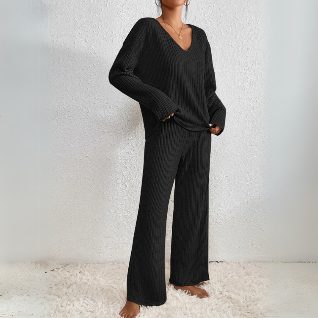 Women's Loungewear Set with V-Neck Sweater and Straight-Leg Pants