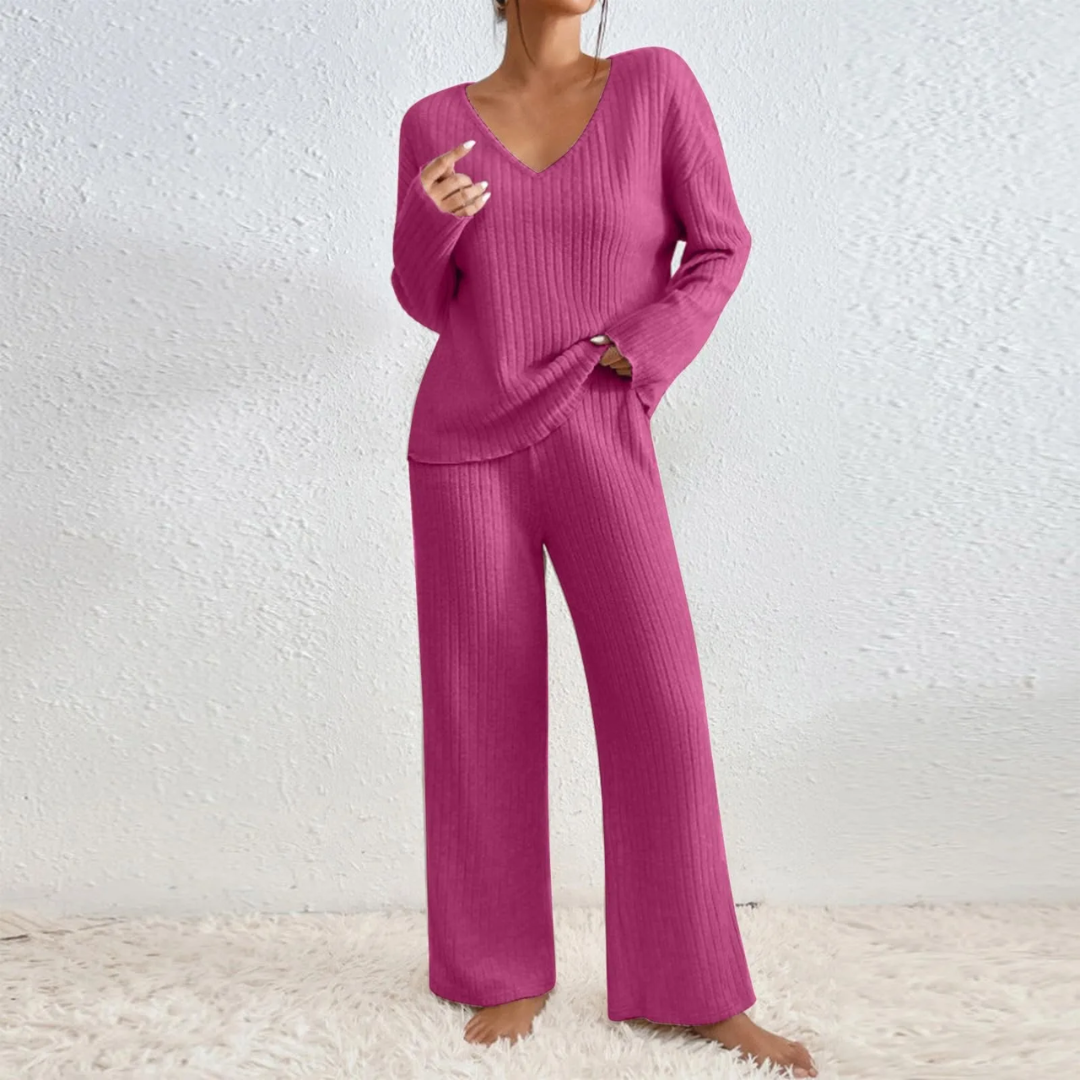 Women's Loungewear Set with V-Neck Sweater and Straight-Leg Pants