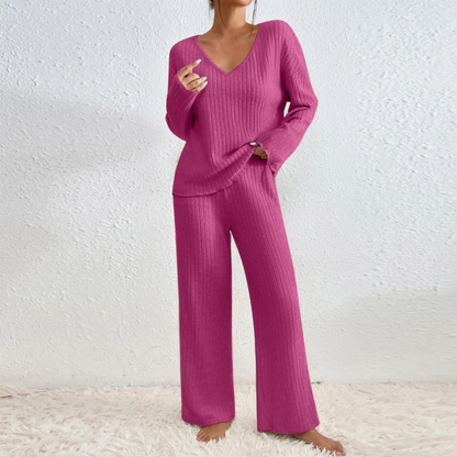 Women's Loungewear Set with V-Neck Sweater and Straight-Leg Pants