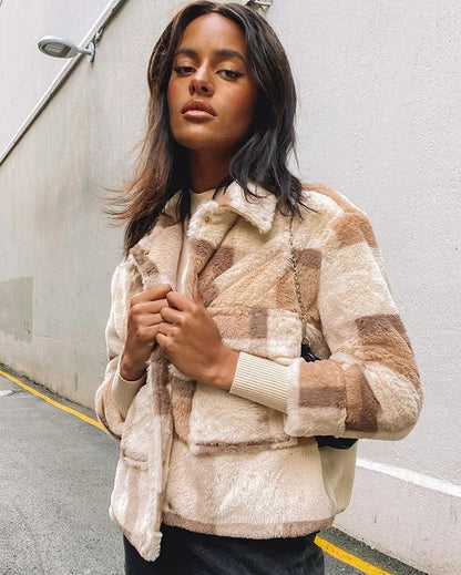 Women's Winter Jacket in Plaid Velvet with High Collar and Long Sleeves