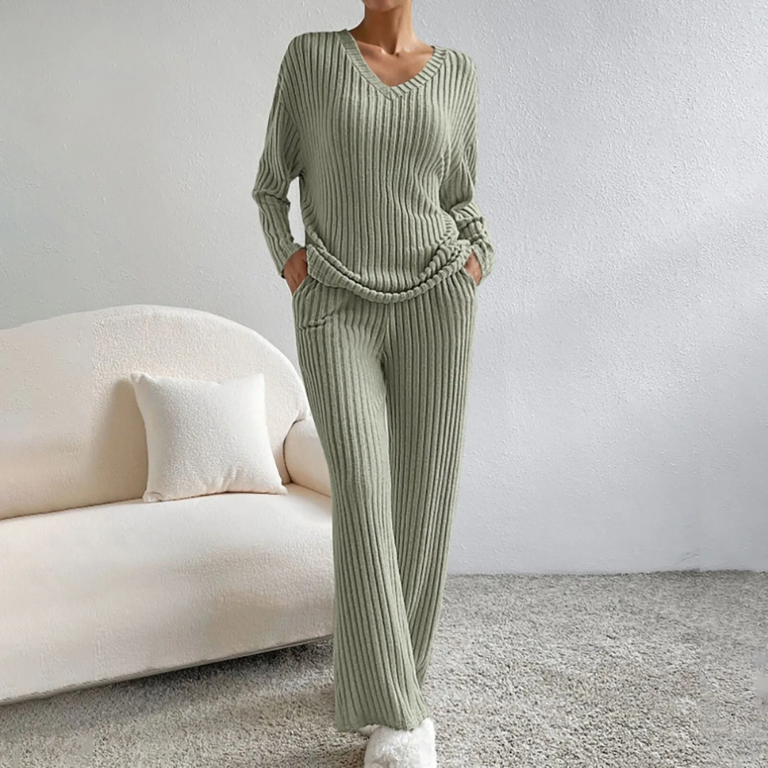 Women's Loungewear Set with V-Neck Sweater and Straight-Leg Pants
