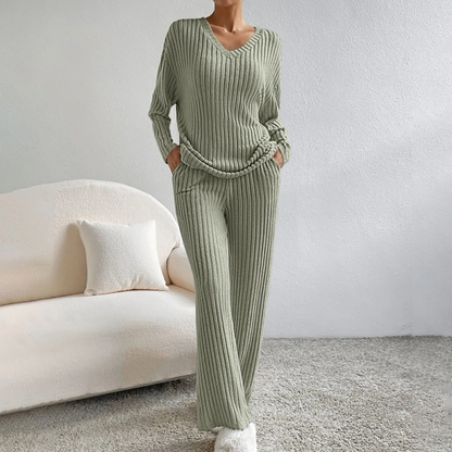 Women's Loungewear Set with V-Neck Sweater and Straight-Leg Pants